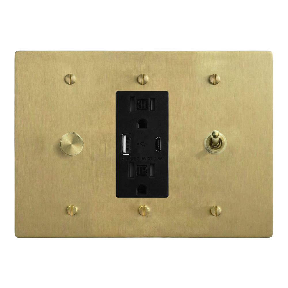 Satin Brass 3-Gang Dimmer, USB Outlet & Vintage Toggle Switch Plate in Black