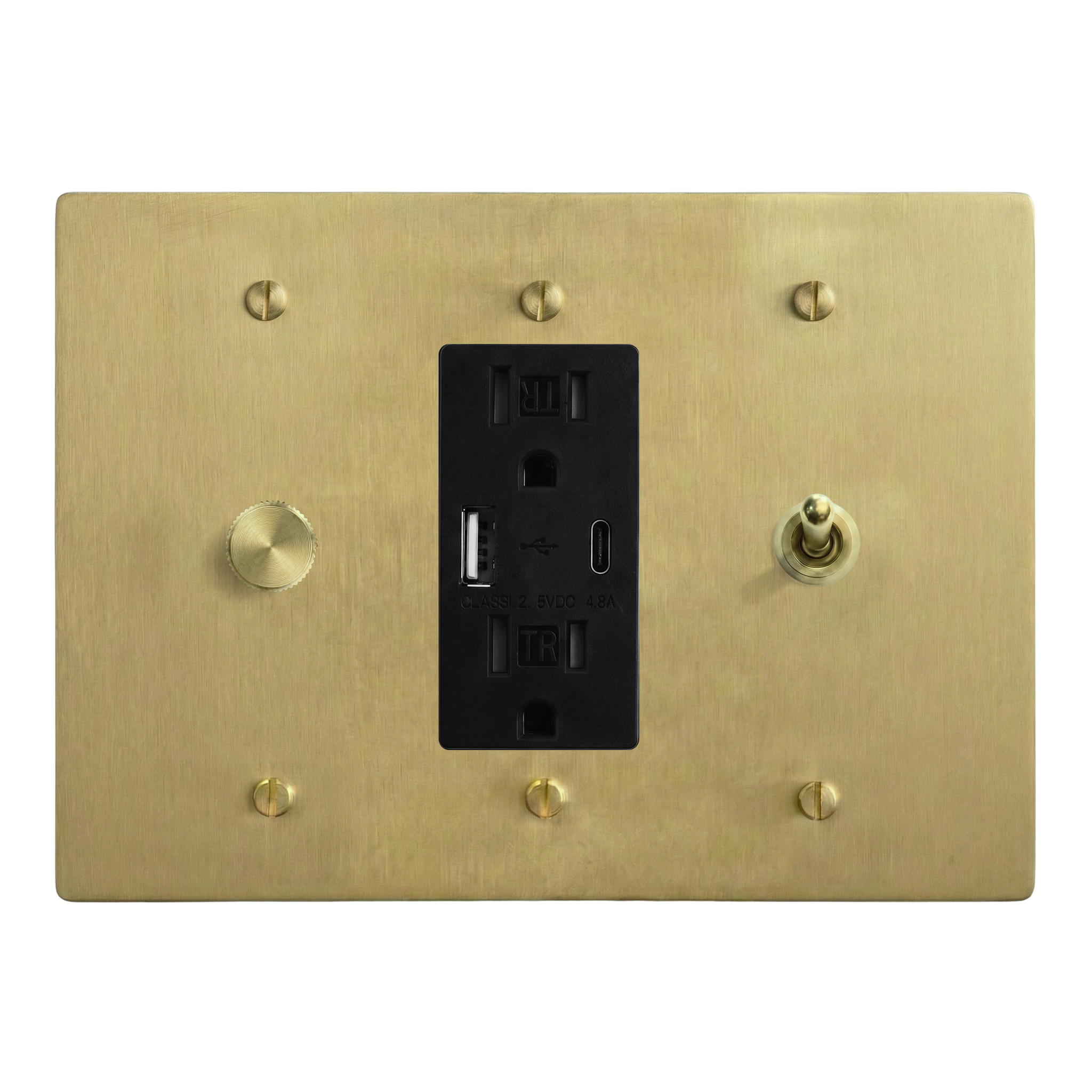 Satin Brass 3-Gang Dimmer, USB Outlet & Vintage Toggle Switch Plate in Black