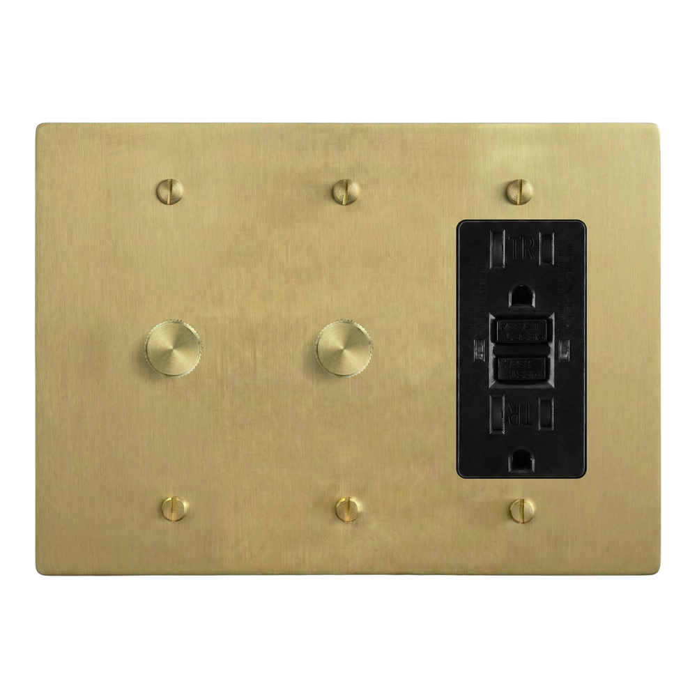 Satin Brass 3-Gang Dimmer, Dimmer & GFCI Outlet Switch Plate in Black