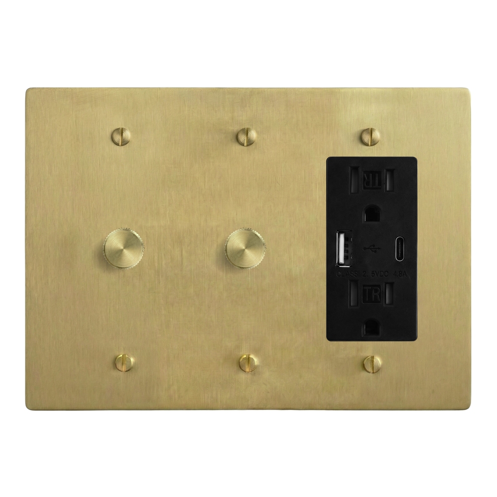 Satin Brass 3-Gang Dimmer, Dimmer & USB Outlet Switch Plate in Black