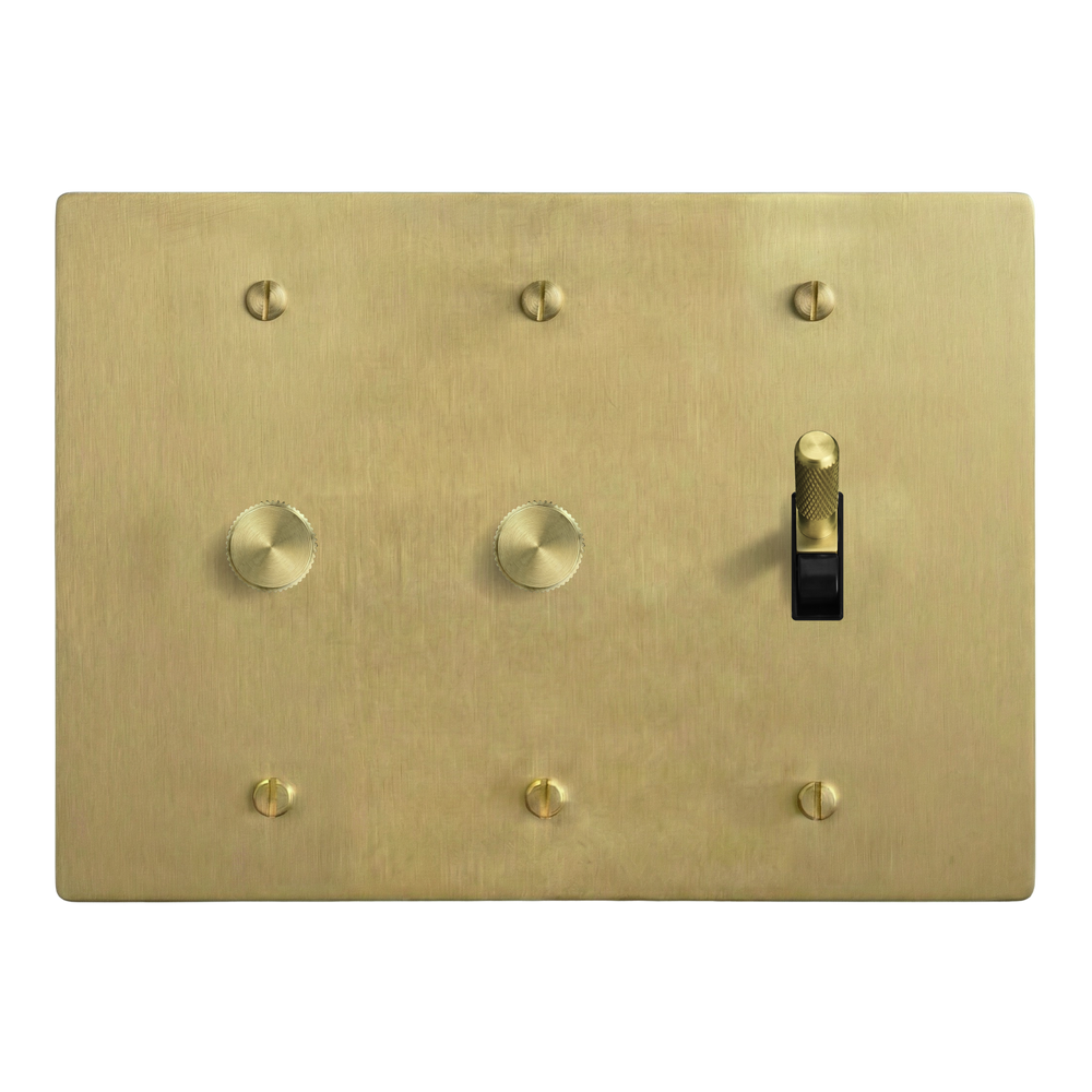 Satin Brass 3-Gang Dimmer, Dimmer & Toggle Switch Plate in Black
