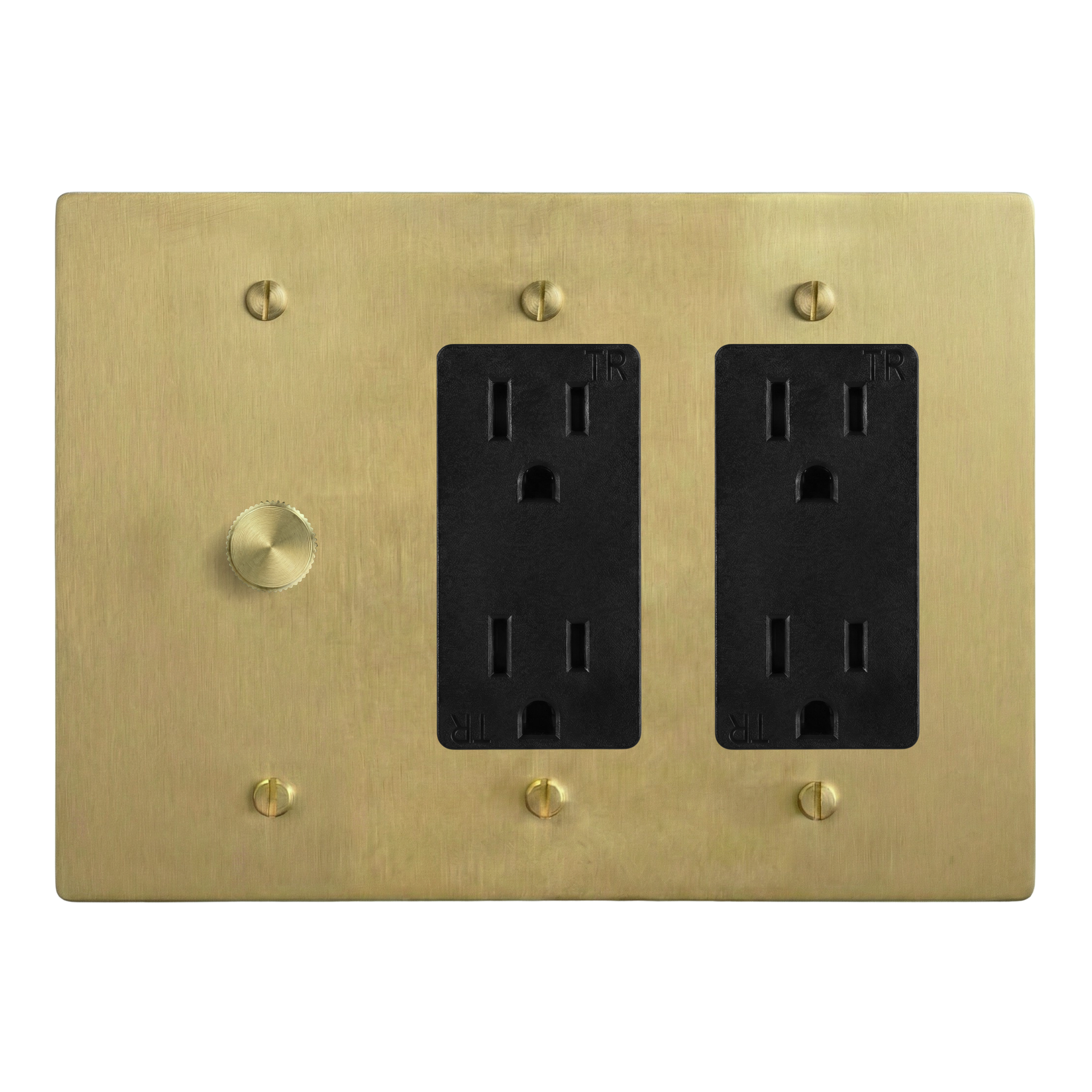 Satin Brass 3-Gang Dimmer, Duplex Outlet & Duplex Outlet Switch Plate in Black