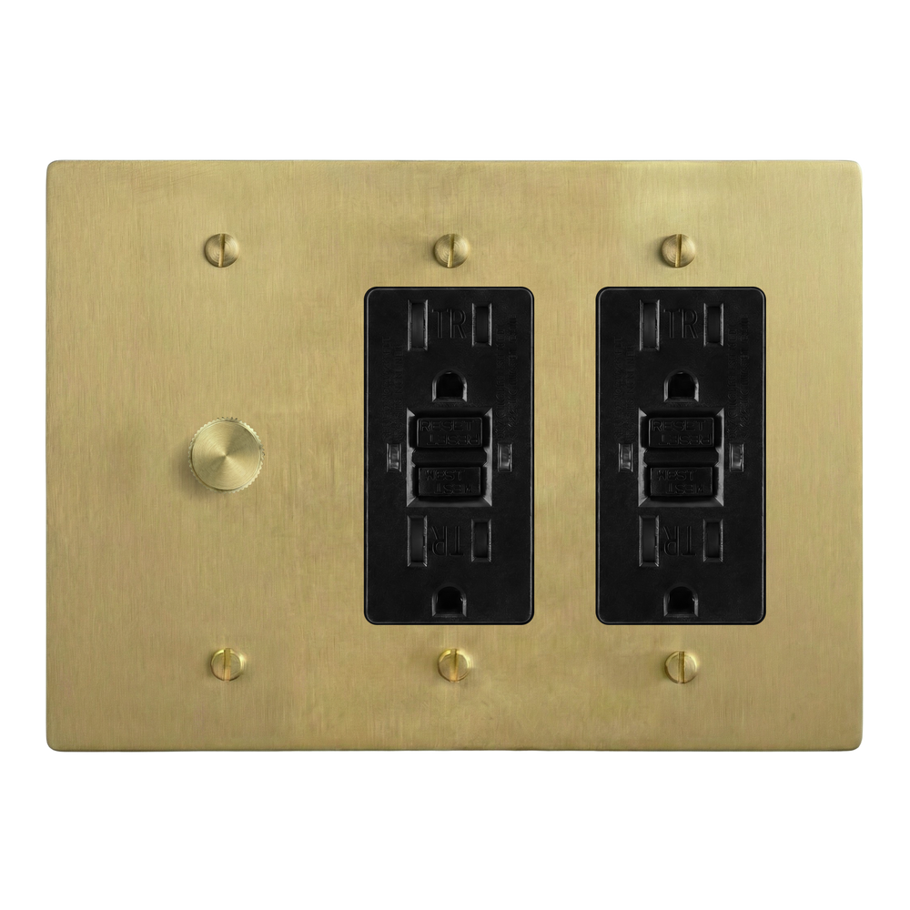 Satin Brass 3-Gang Dimmer, GFCI Outlet & GFCI Outlet Switch Plate in Black
