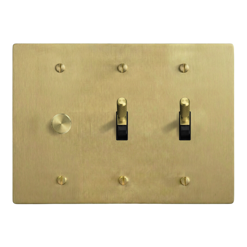 Satin Brass 3-Gang Dimmer, Toggle & Toggle Switch Plate in Black