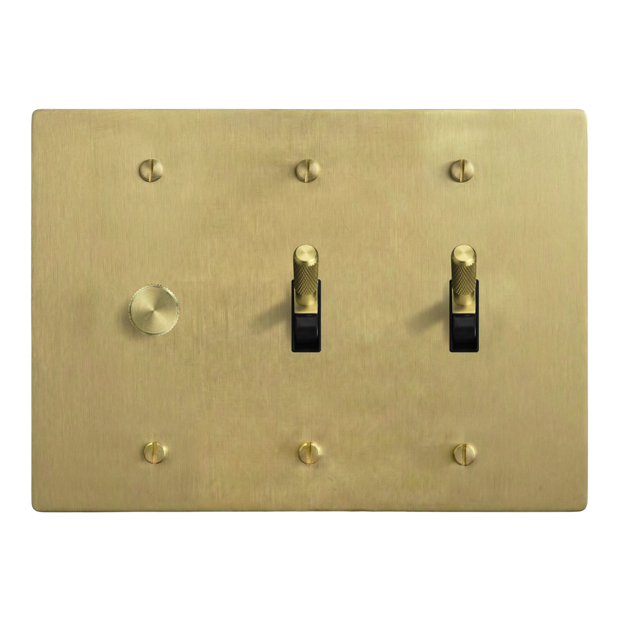 Satin Brass 3-Gang Dimmer, Toggle & Toggle Switch Plate in Black