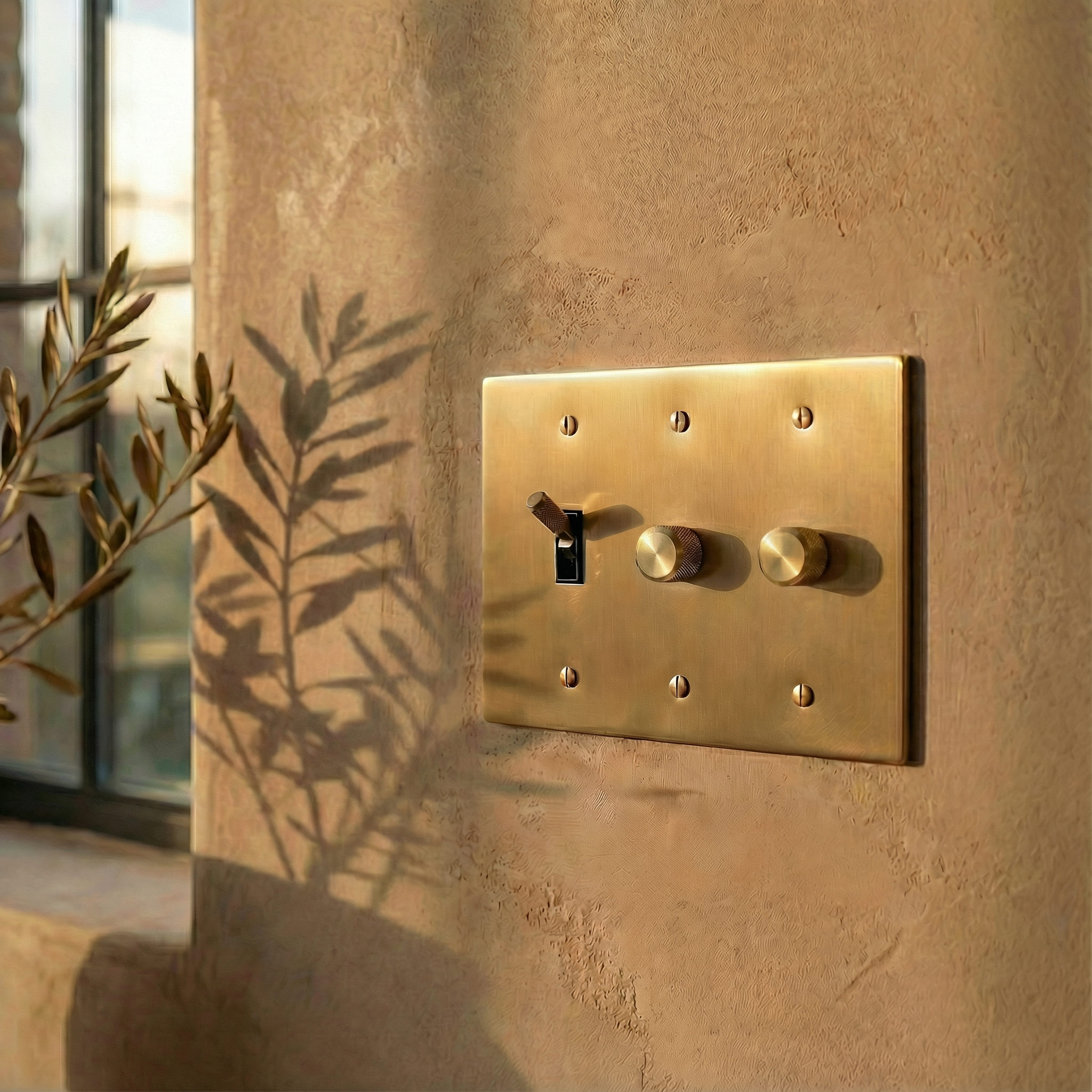 Satin brass 3 gang dimmer and toggle switch plate on a textured wall, bathed in warm light, for timeless elegance.