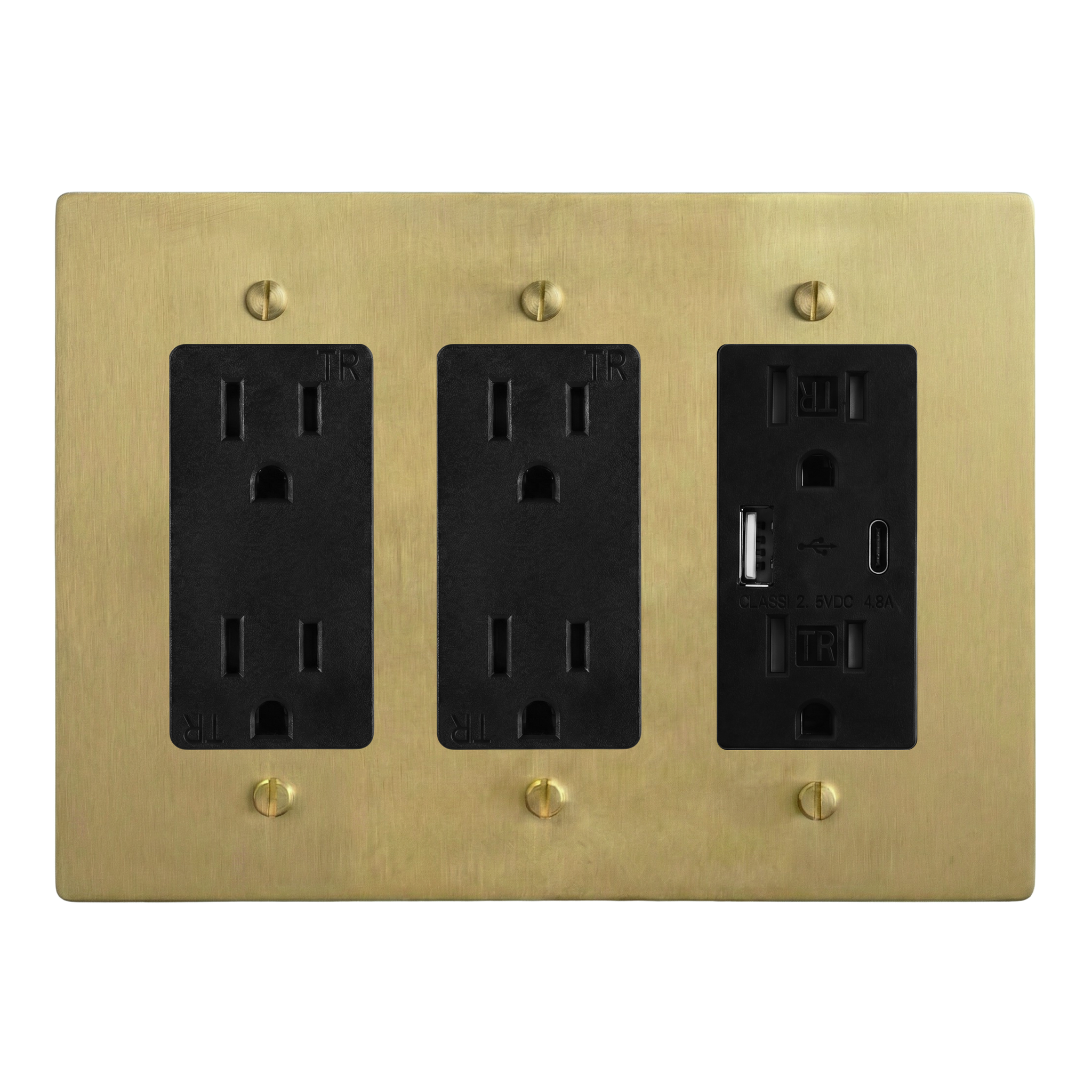 Satin Brass 3-Gang Duplex Outlet, Duplex Outlet & USB Outlet Switch Plate in Black