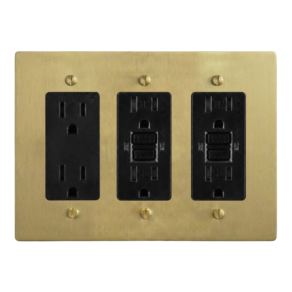 Satin Brass 3-Gang Duplex Outlet, GFCI Outlet & GFCI Outlet Switch Plate in Black