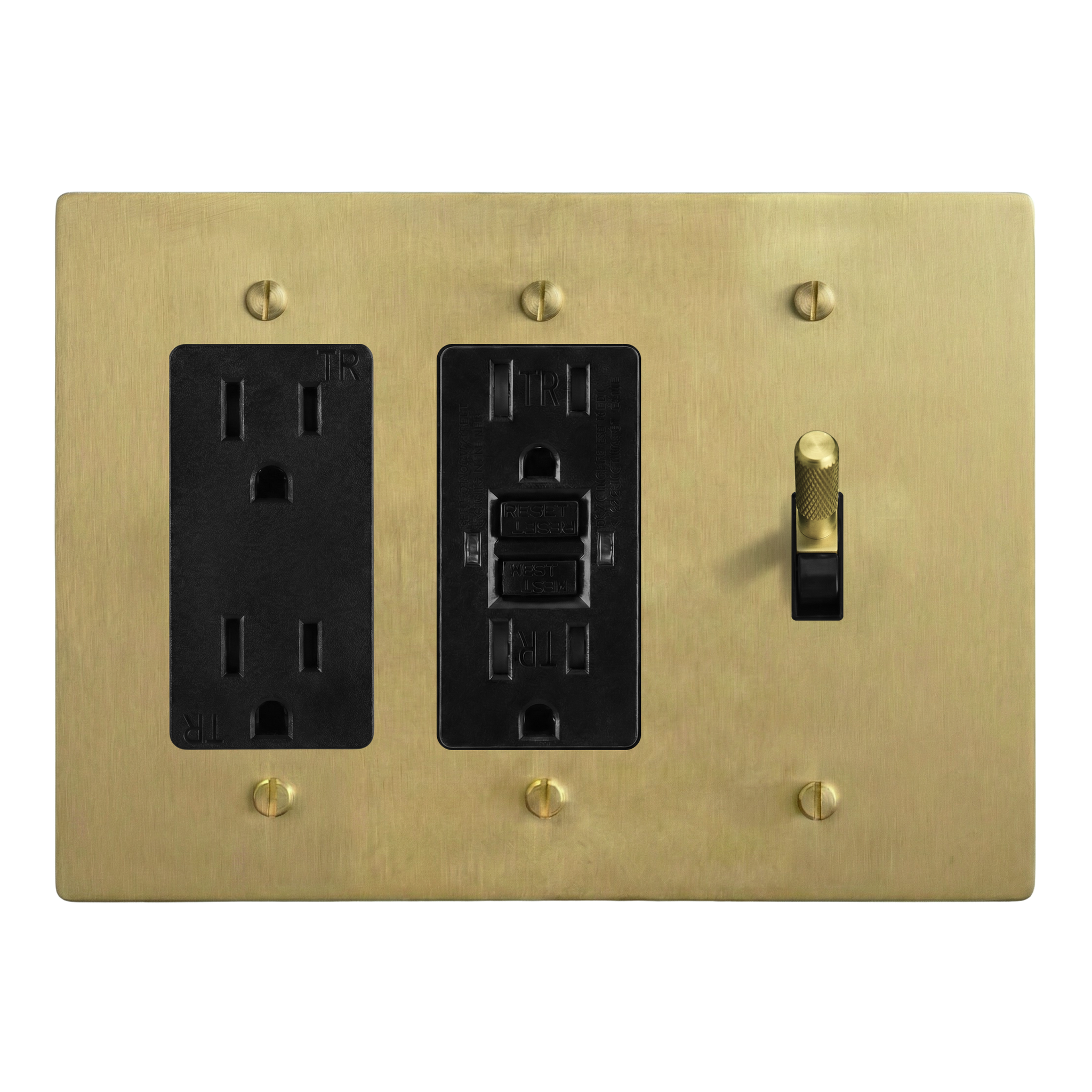 Satin Brass 3-Gang Duplex Outlet, GFCI Outlet & Toggle Switch Plate in Black
