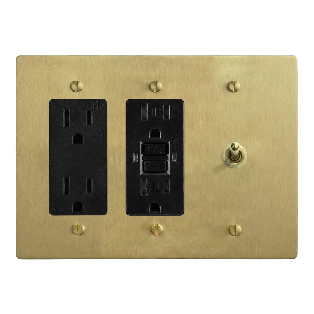 Satin Brass 3-Gang Duplex Outlet, GFCI Outlet & Vintage Toggle Switch Plate in Black