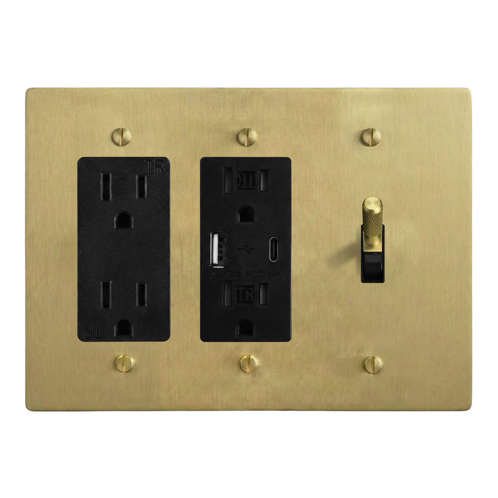 Satin Brass 3-Gang Duplex Outlet, USB Outlet & Toggle Switch Plate in Black