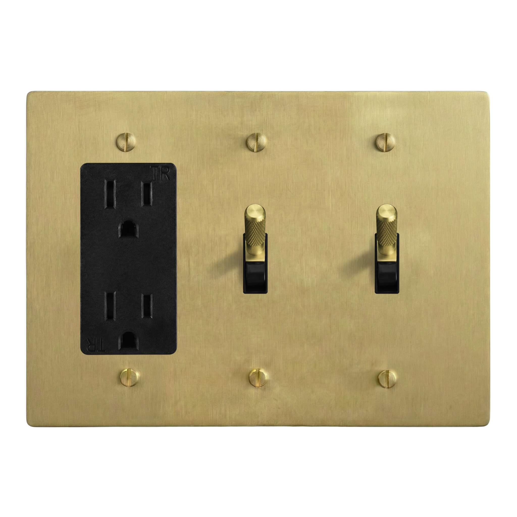 Satin Brass 3-Gang Duplex Outlet, Toggle & Toggle Switch Plate in Black