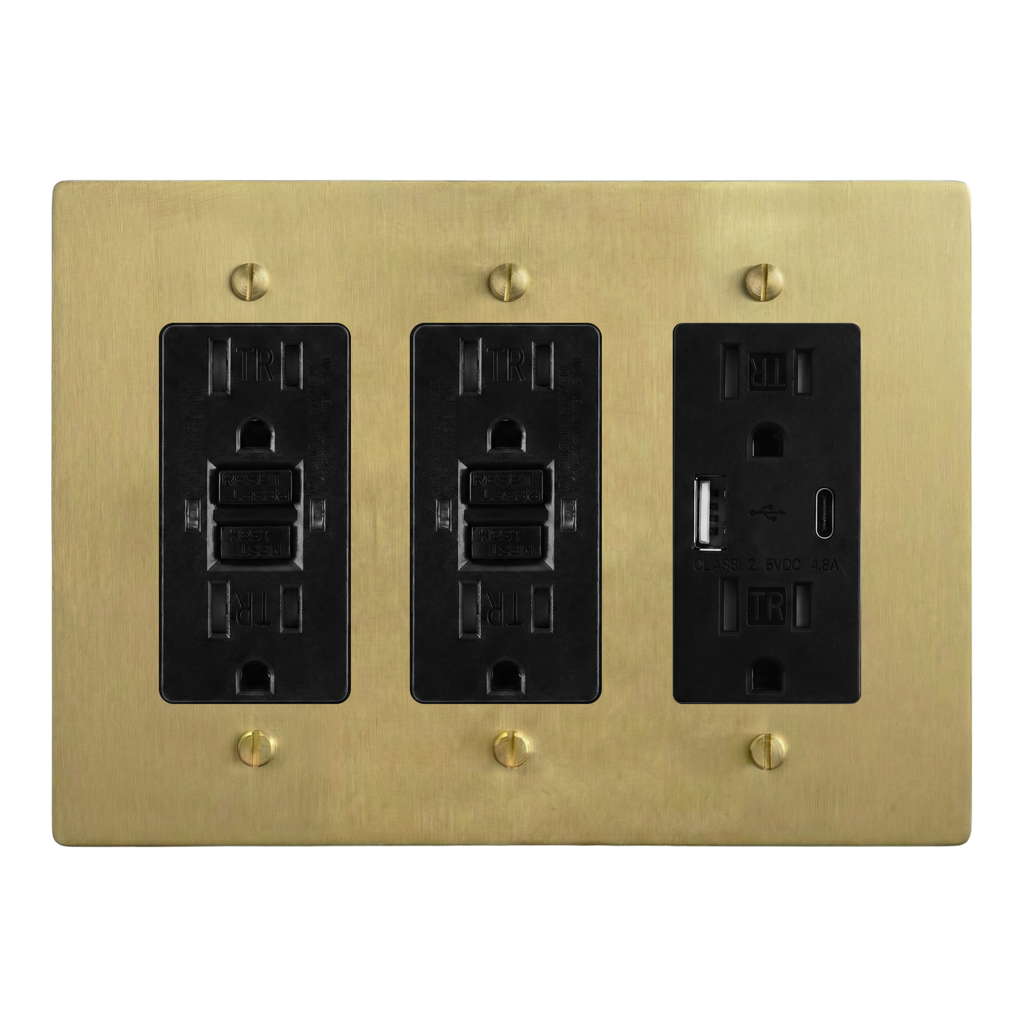 Satin Brass 3-Gang GFCI Outlet, GFCI Outlet & USB Outlet Switch Plate in Black