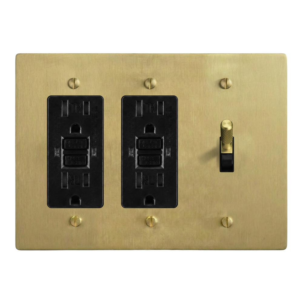 Satin Brass 3-Gang GFCI Outlet, GFCI Outlet & Toggle Switch Plate in Black