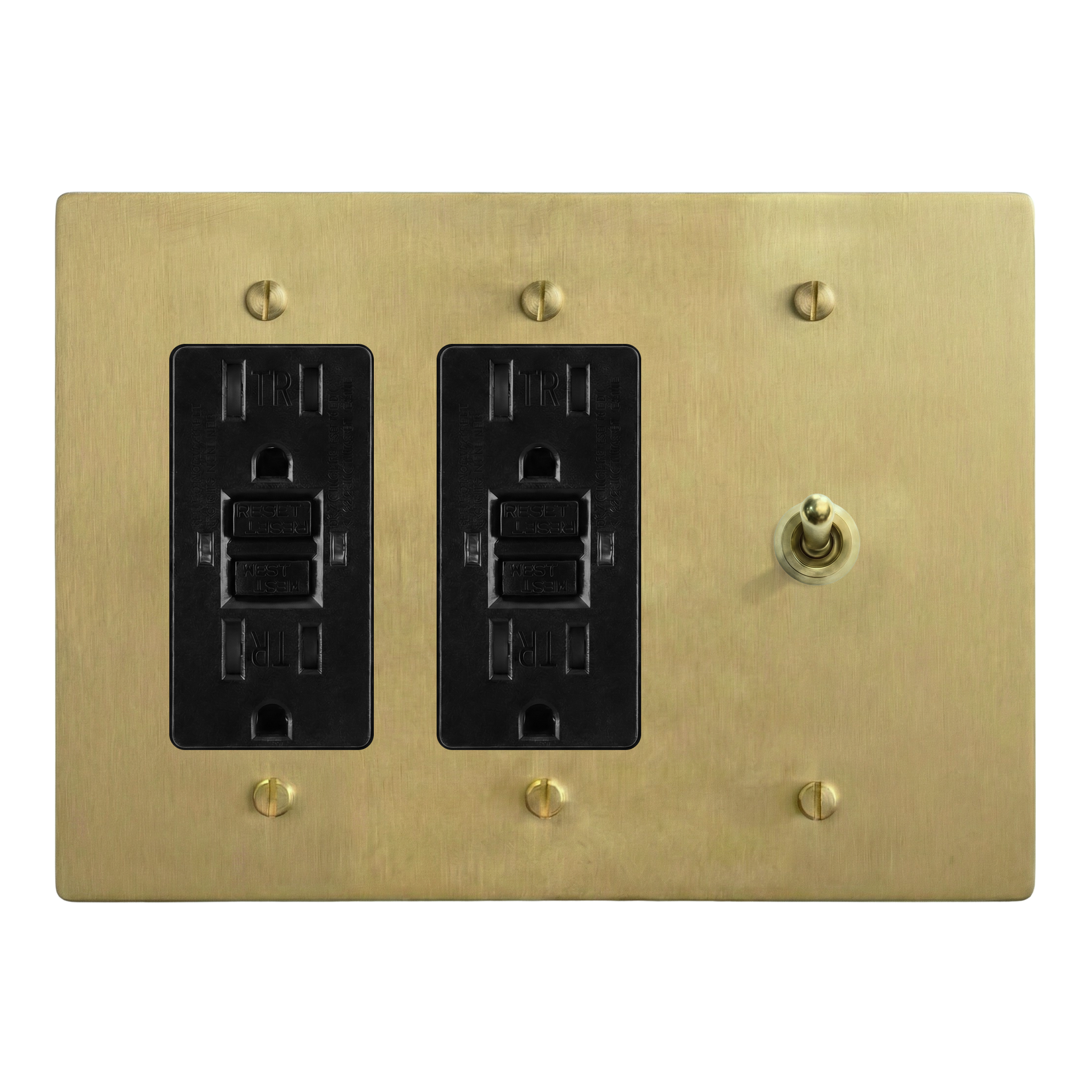 Satin Brass 3-Gang GFCI Outlet, GFCI Outlet & Vintage Toggle Switch Plate in Black