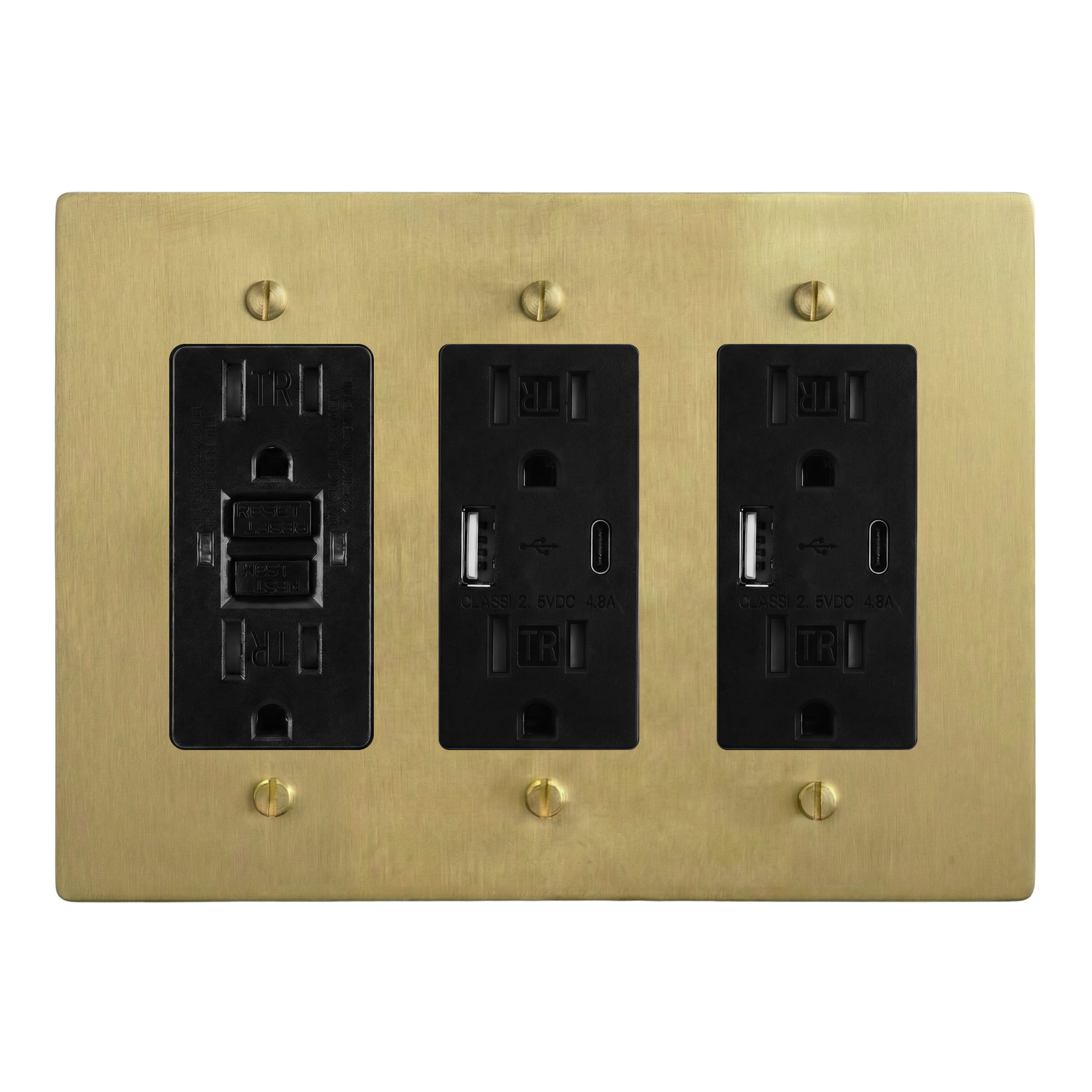 Satin Brass 3-Gang GFCI Outlet, USB Outlet & USB Outlet Switch Plate in Black