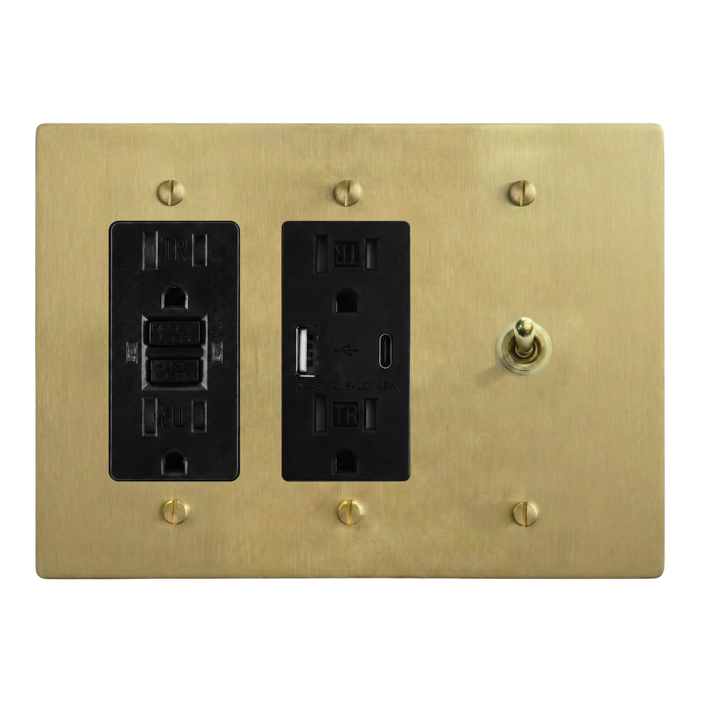 Satin Brass 3-Gang GFCI Outlet, USB Outlet & Vintage Toggle Switch Plate in Black