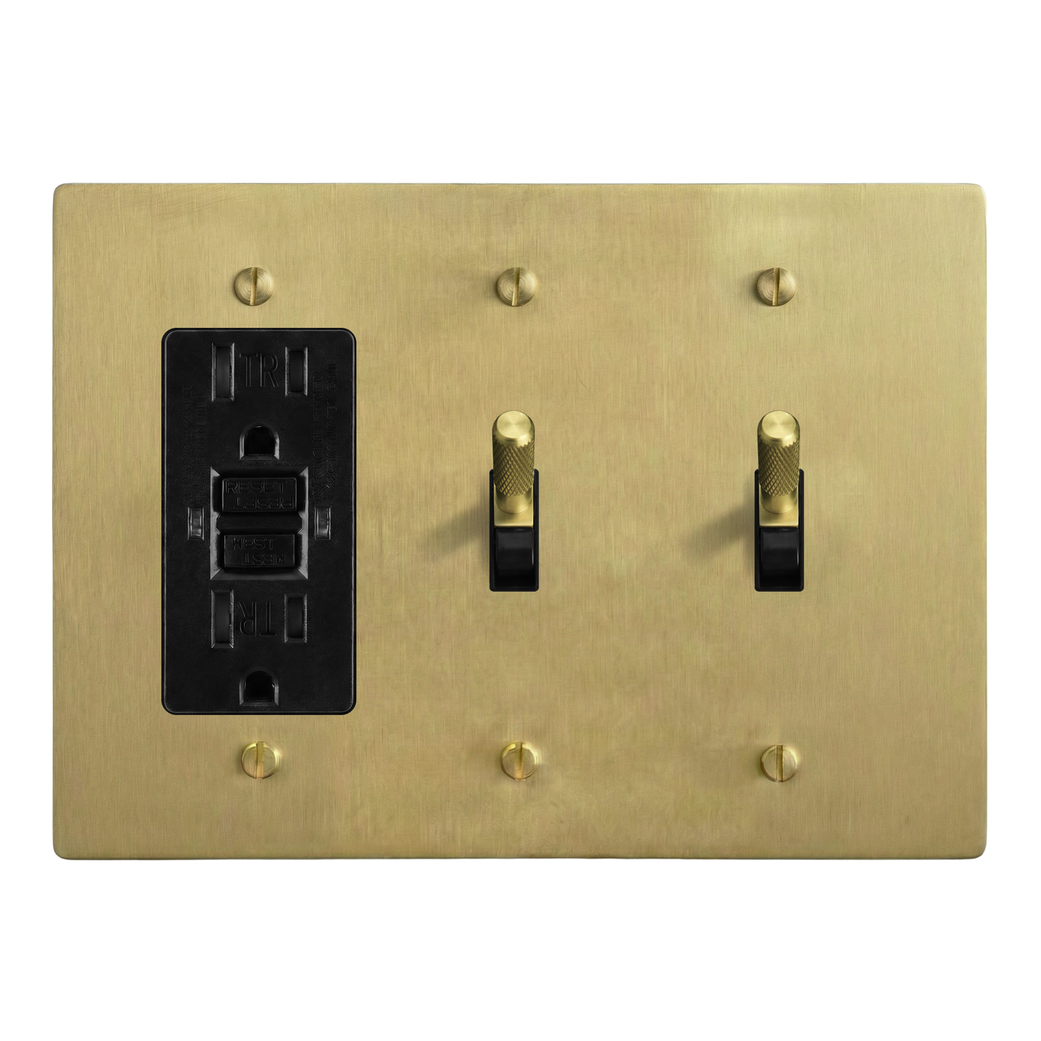 Satin Brass 3-Gang GFCI Outlet, Toggle & Toggle Switch Plate in Black