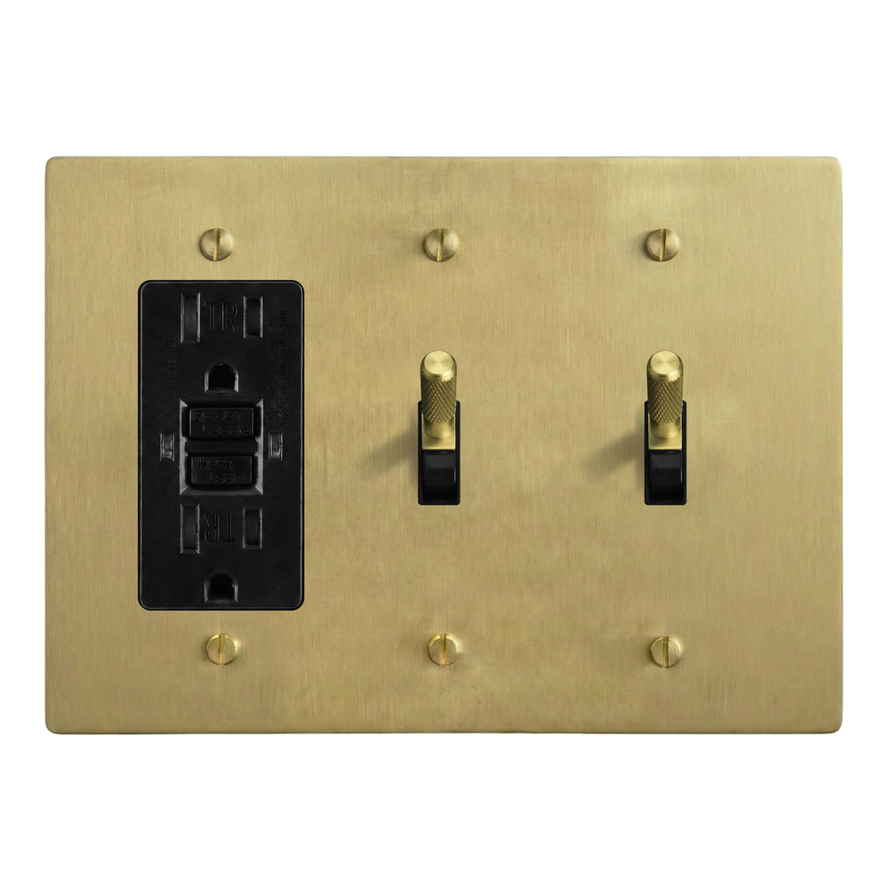 Satin Brass 3-Gang GFCI Outlet, Toggle & Toggle Switch Plate in Black