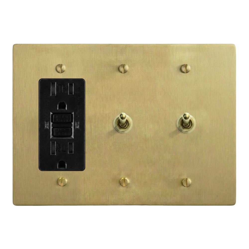 Satin Brass 3-Gang GFCI Outlet, Vintage Toggle & Vintage Toggle Switch Plate in Black