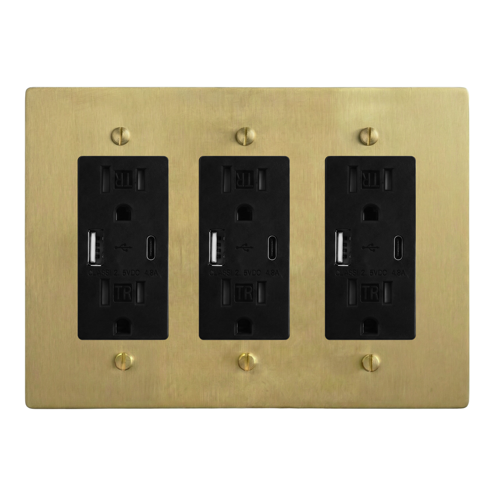 Satin Brass 3-Gang USB Outlet, USB Outlet & USB Outlet Switch Plate in Black