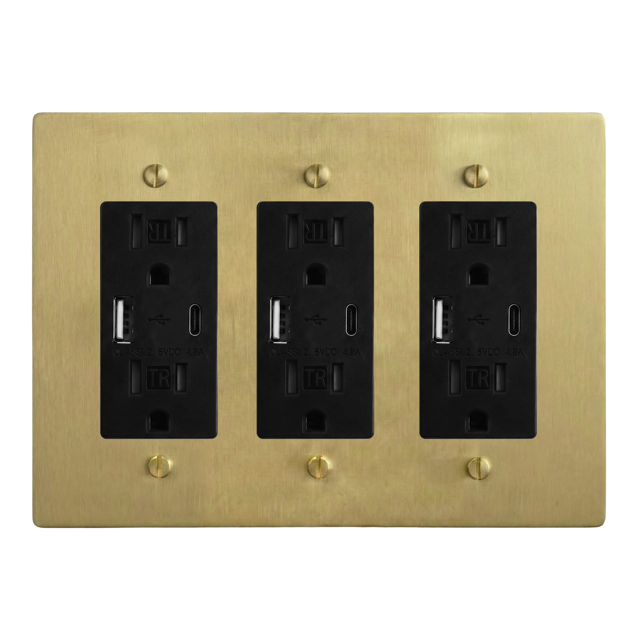 Satin Brass 3-Gang USB Outlet, USB Outlet & USB Outlet Switch Plate in Black