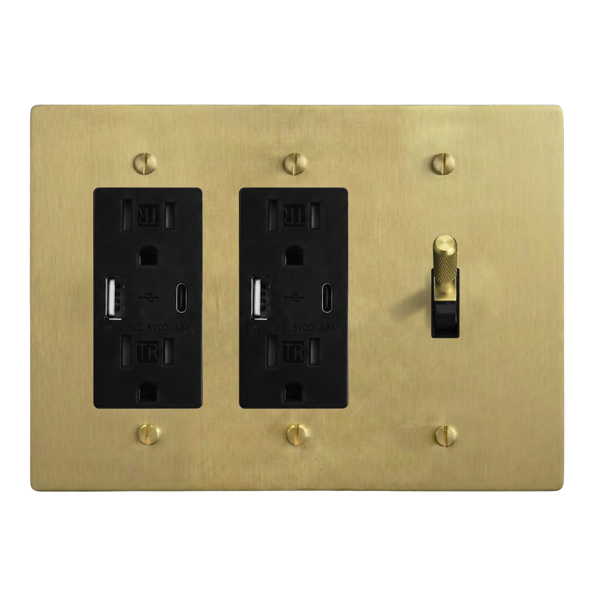 Satin Brass 3-Gang USB Outlet, USB Outlet & Toggle Switch Plate in Black