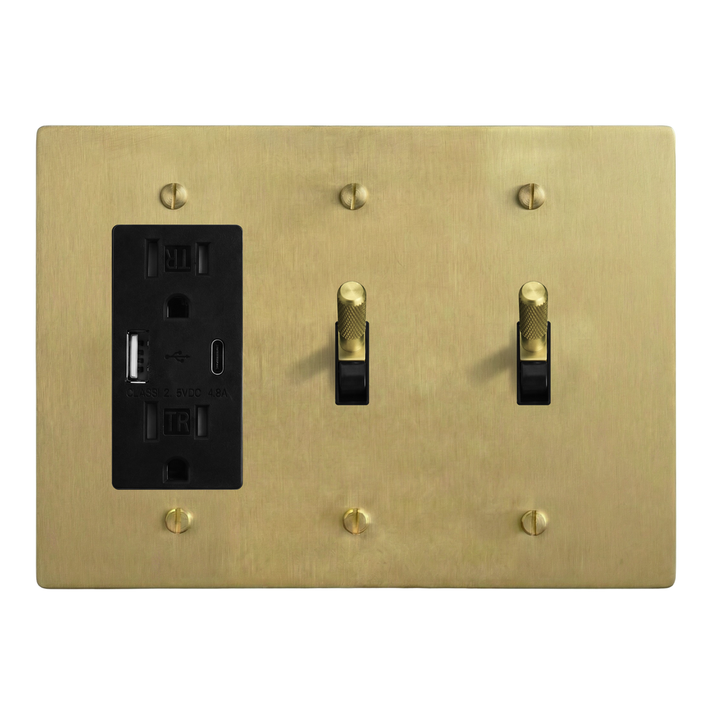 Satin Brass 3-Gang USB Outlet, Toggle & Toggle Switch Plate in Black