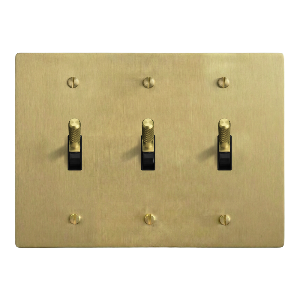 Satin Brass 3-Gang Toggle, Toggle & Toggle Switch Plate in Black