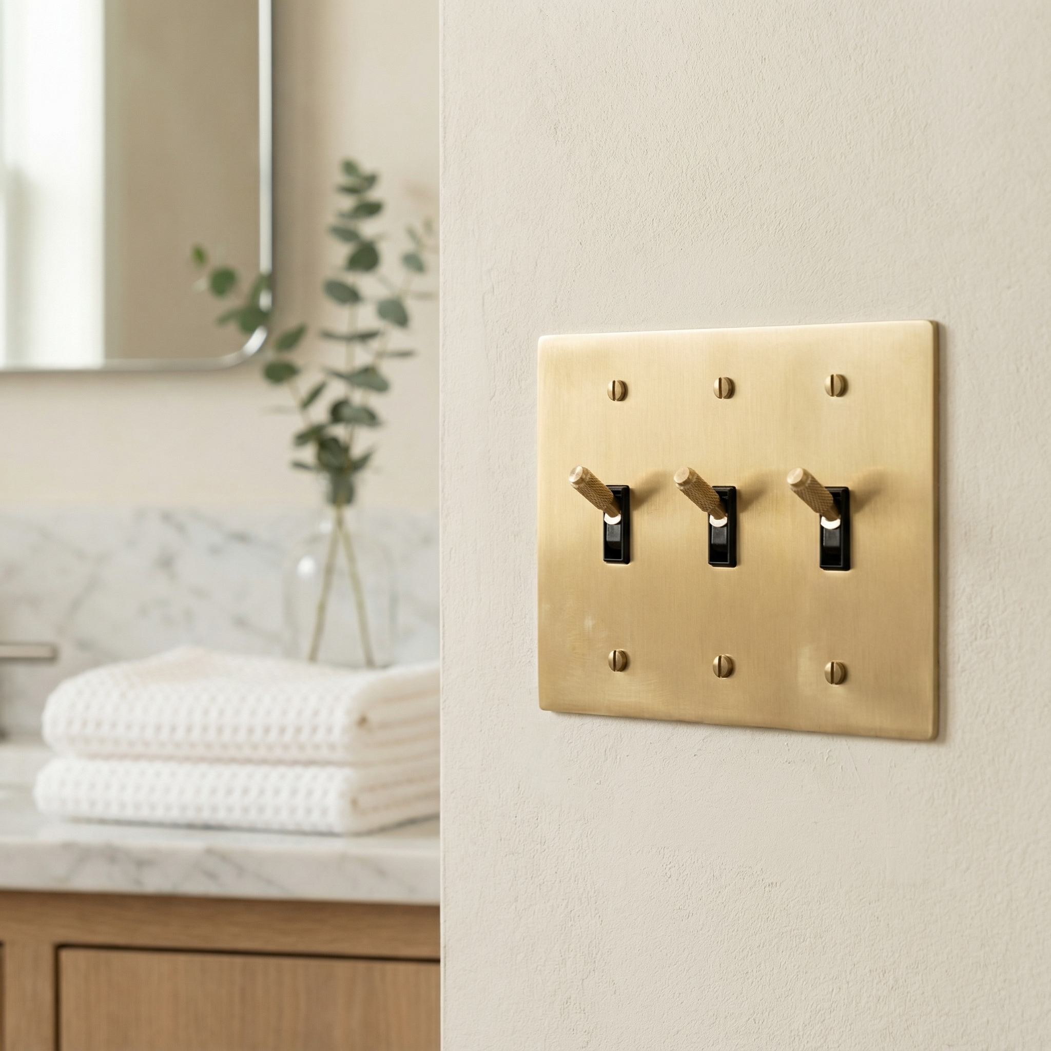 Satin brass 3 gang toggle switch plate on a textured wall in a serene, luxurious bathroom.