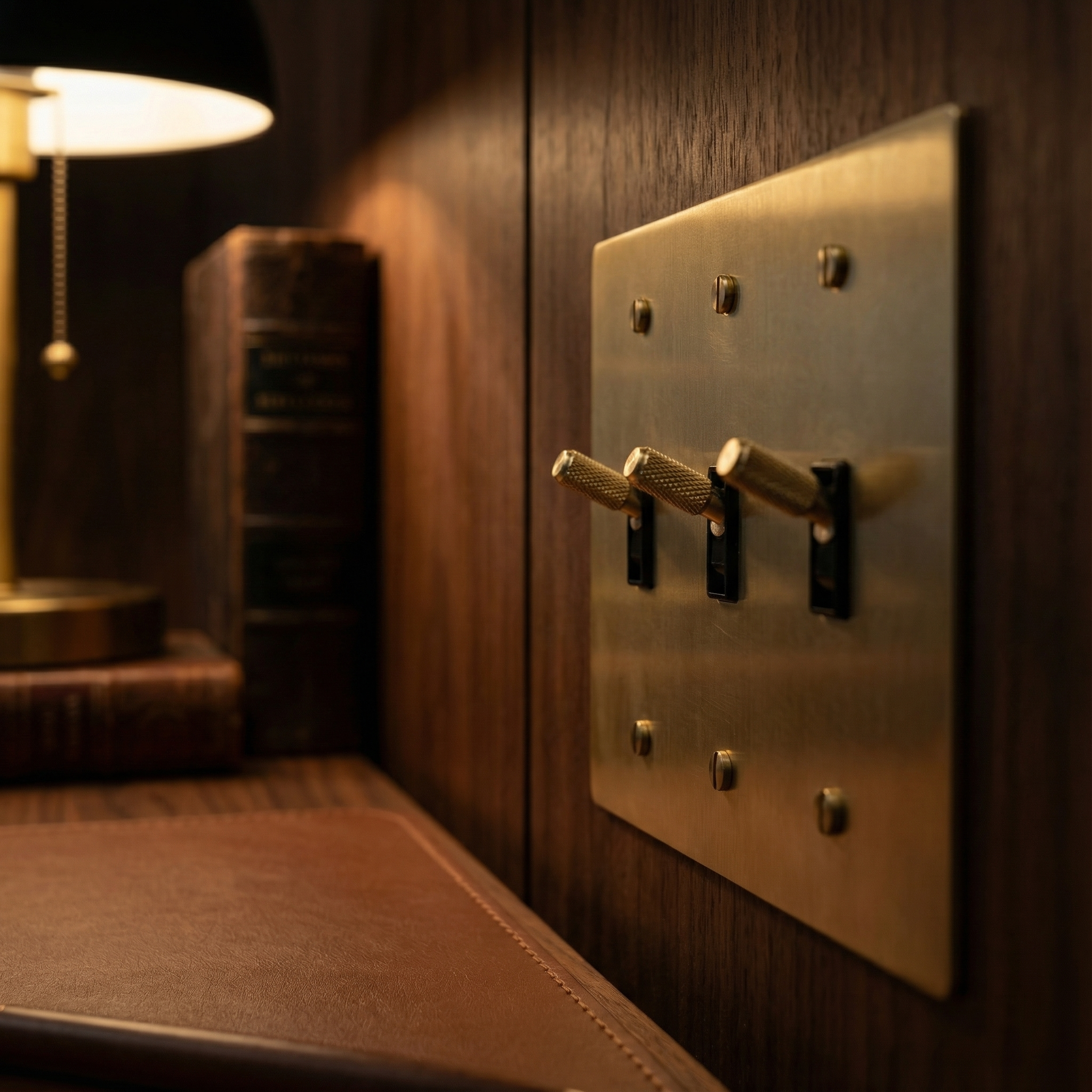 Timeless wooden study with a sophisticated satin brass 3 gang toggle switch plate and knurled toggles.