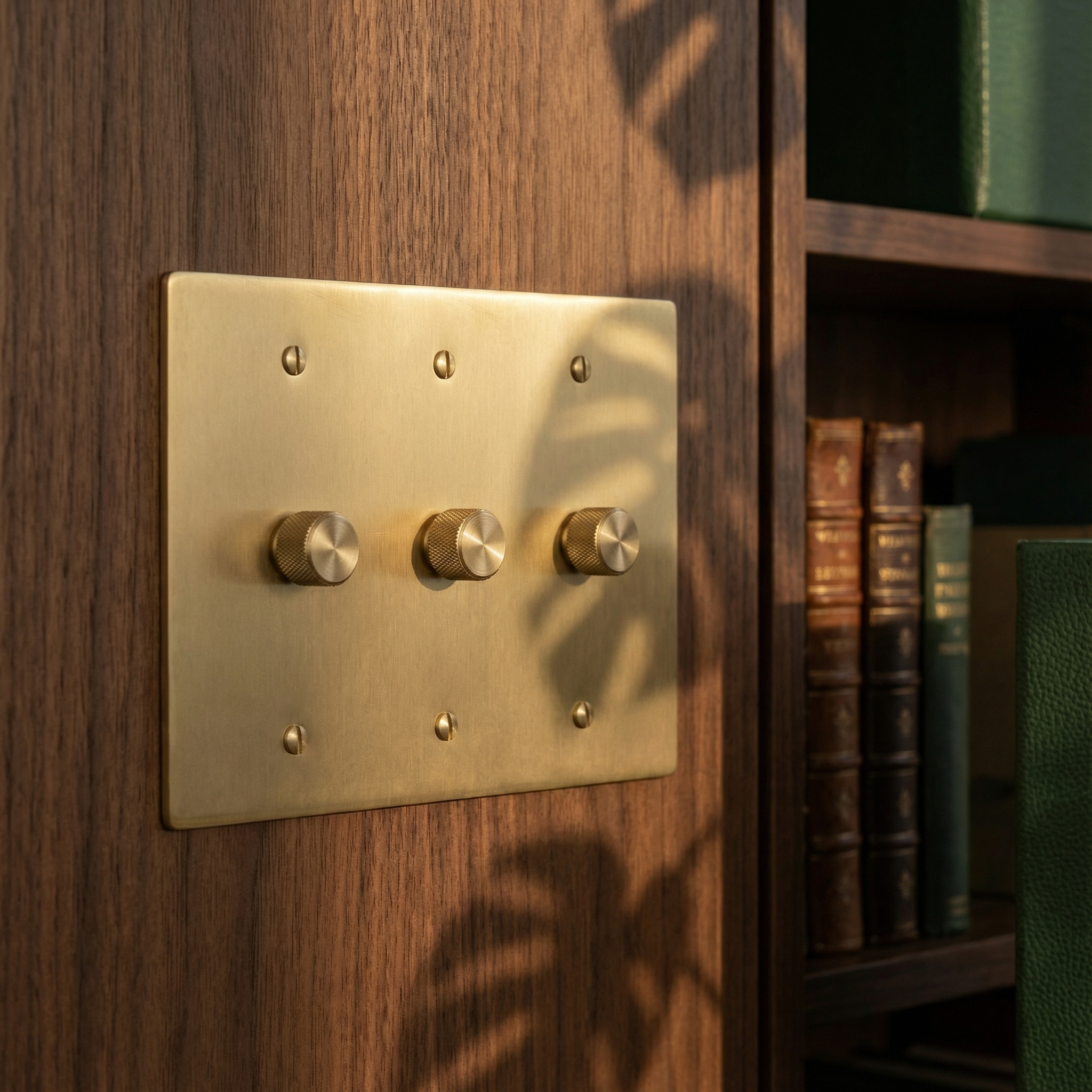 Shadows graze a satin brass 3 gang dimmer switch plate on dark wood, beside a bookcase.