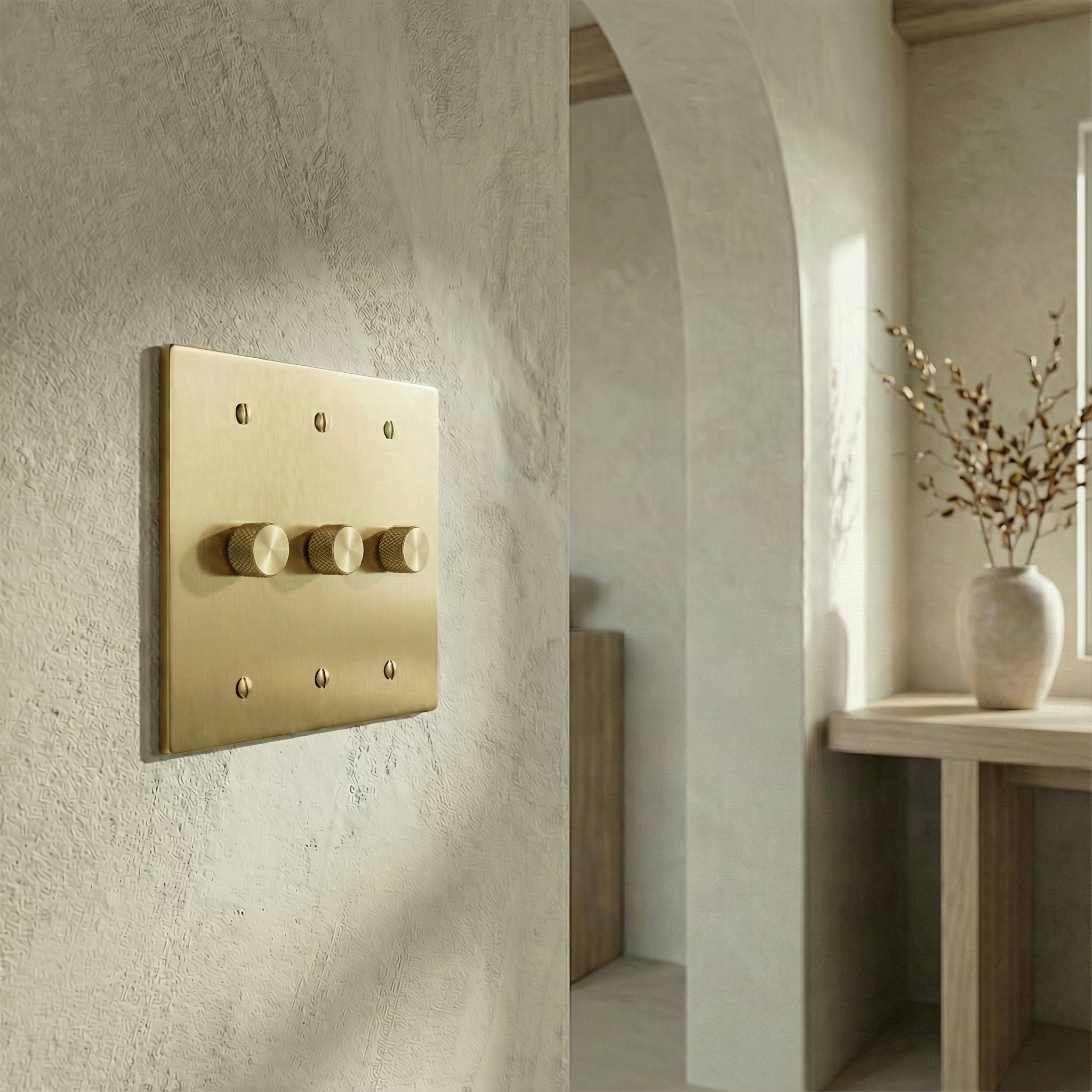 Satin brass 3 gang dimmer switch plate on a textured wall, gracing an elegant arched entryway.