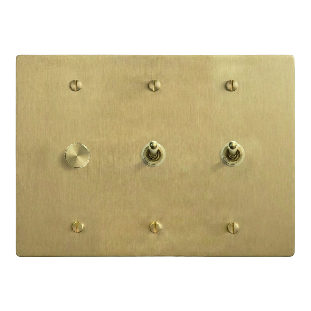 Satin Brass 3-Gang Dimmer, Vintage Toggle & Vintage Toggle Switch Plate