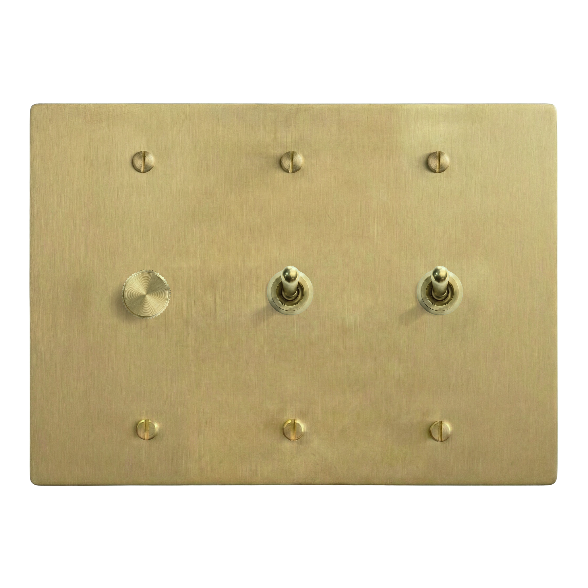 Satin Brass 3-Gang Dimmer, Vintage Toggle & Vintage Toggle Switch Plate
