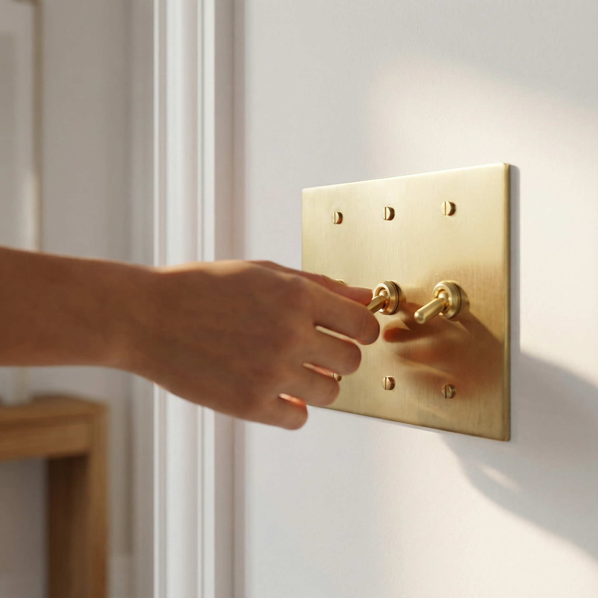 Hand operating a satin brass 3 gang vintage toggle switch plate on a white wall, evoking timeless elegance.