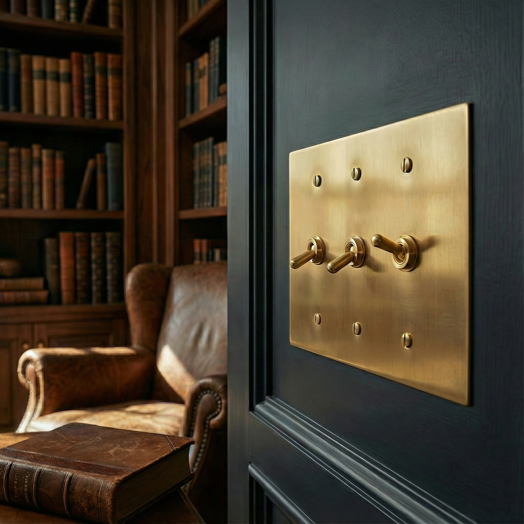 satin brass 3 gang vintage toggle switch plate on a dark panel, complementing a luxurious library with leather and old books.