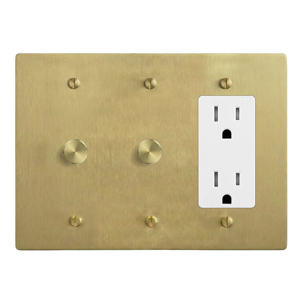 Satin Brass 3-Gang Dimmer, Dimmer & Duplex Outlet Switch Plate in White