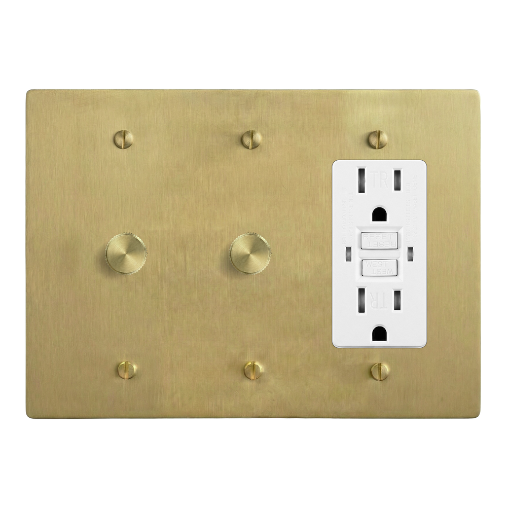 Satin Brass 3-Gang Dimmer, Dimmer & GFCI Outlet Switch Plate in White