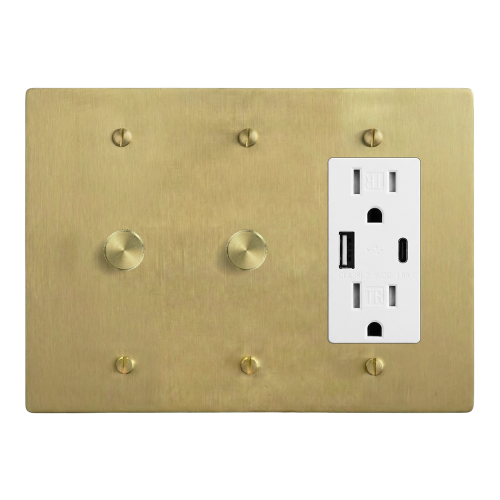 Satin Brass 3-Gang Dimmer, Dimmer & USB Outlet Switch Plate in White