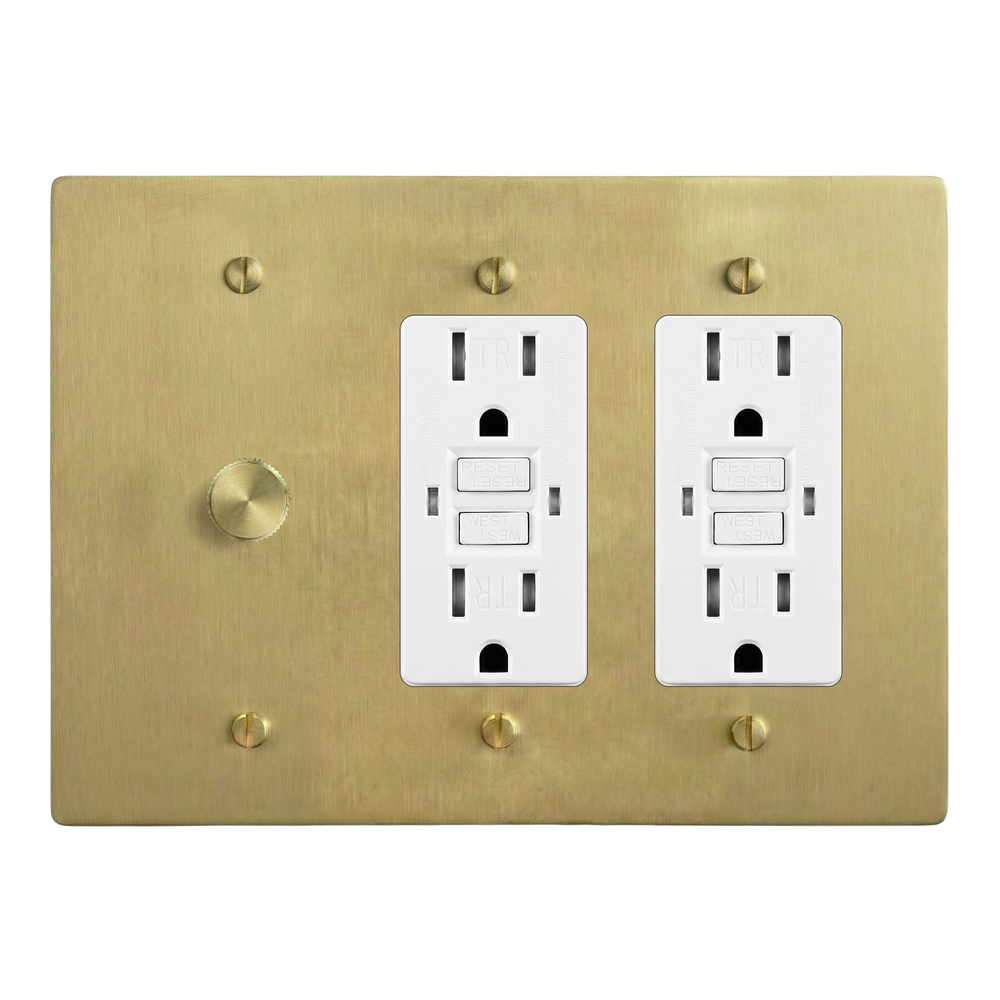 Satin Brass 3-Gang Dimmer, GFCI Outlet & GFCI Outlet Switch Plate in White