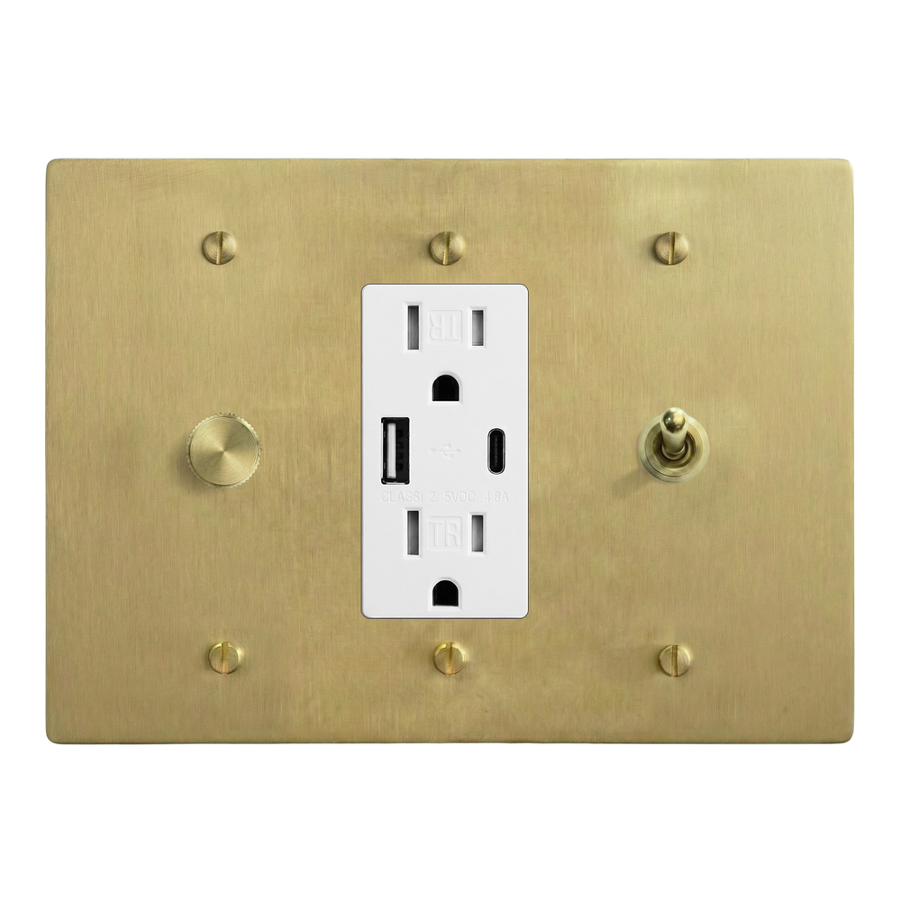 Satin Brass 3-Gang Dimmer, USB Outlet & Vintage Toggle Switch Plate in White