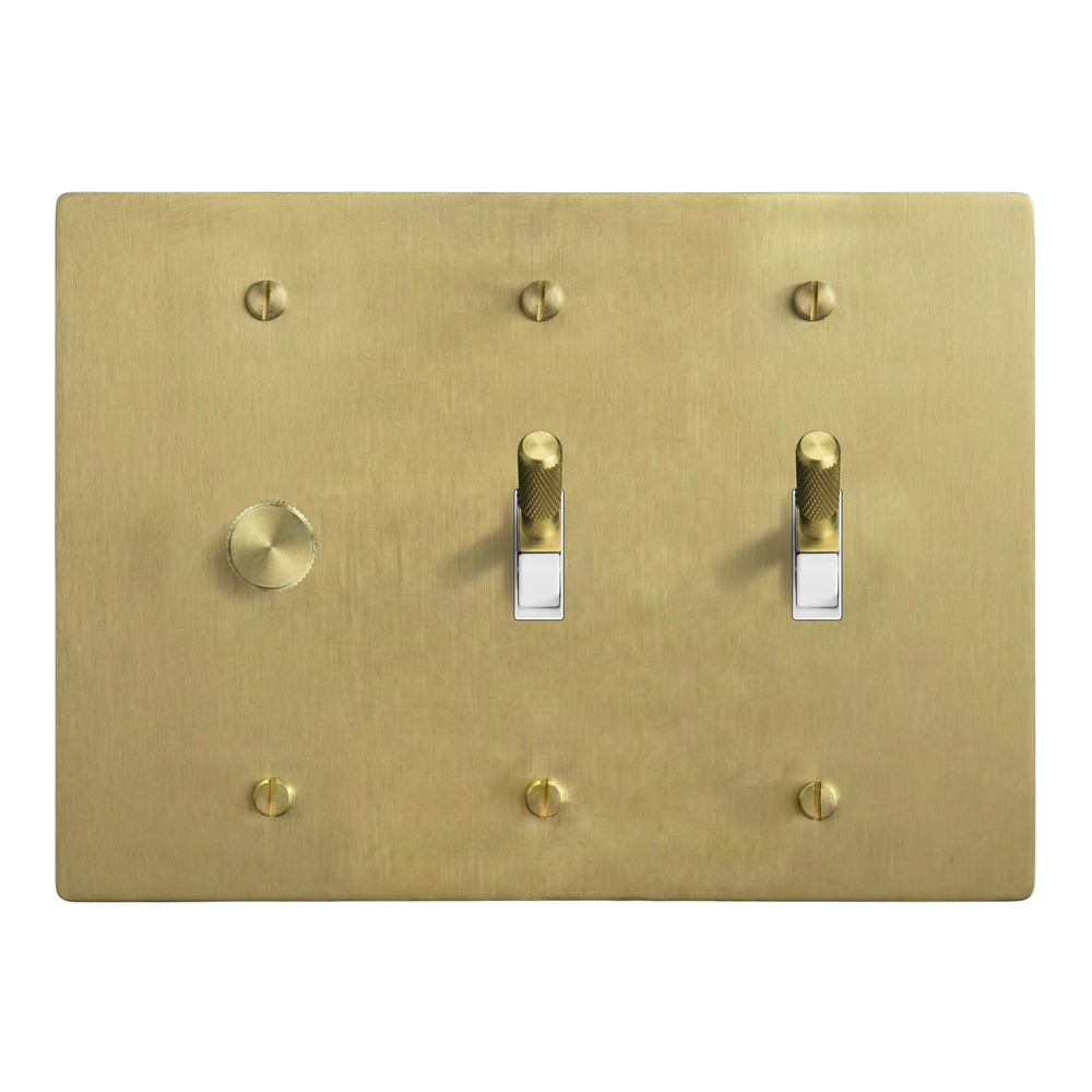 Satin Brass 3-Gang Dimmer, Toggle & Toggle Switch Plate in White