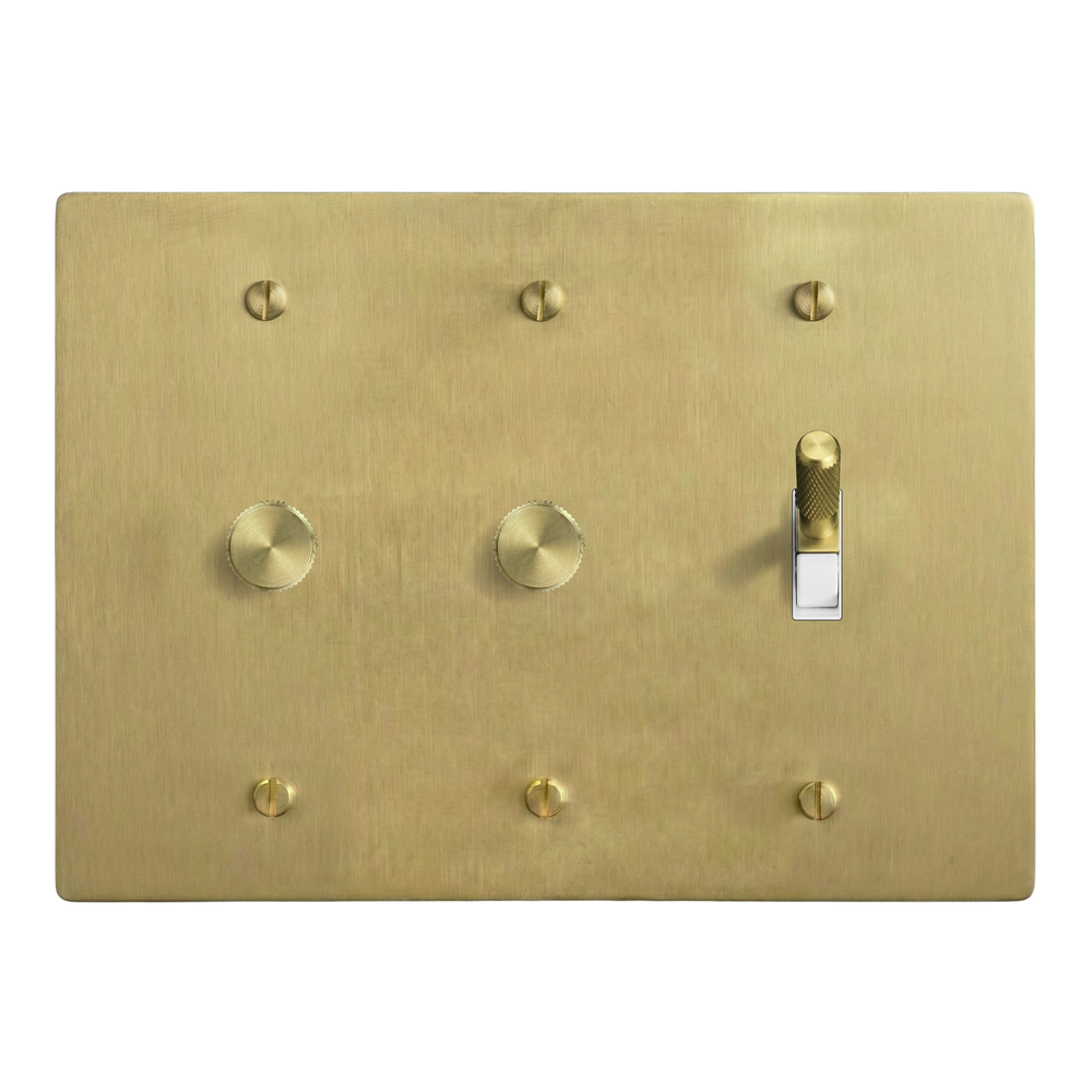 Satin Brass 3-Gang Dimmer, Dimmer & Toggle Switch Plate in White
