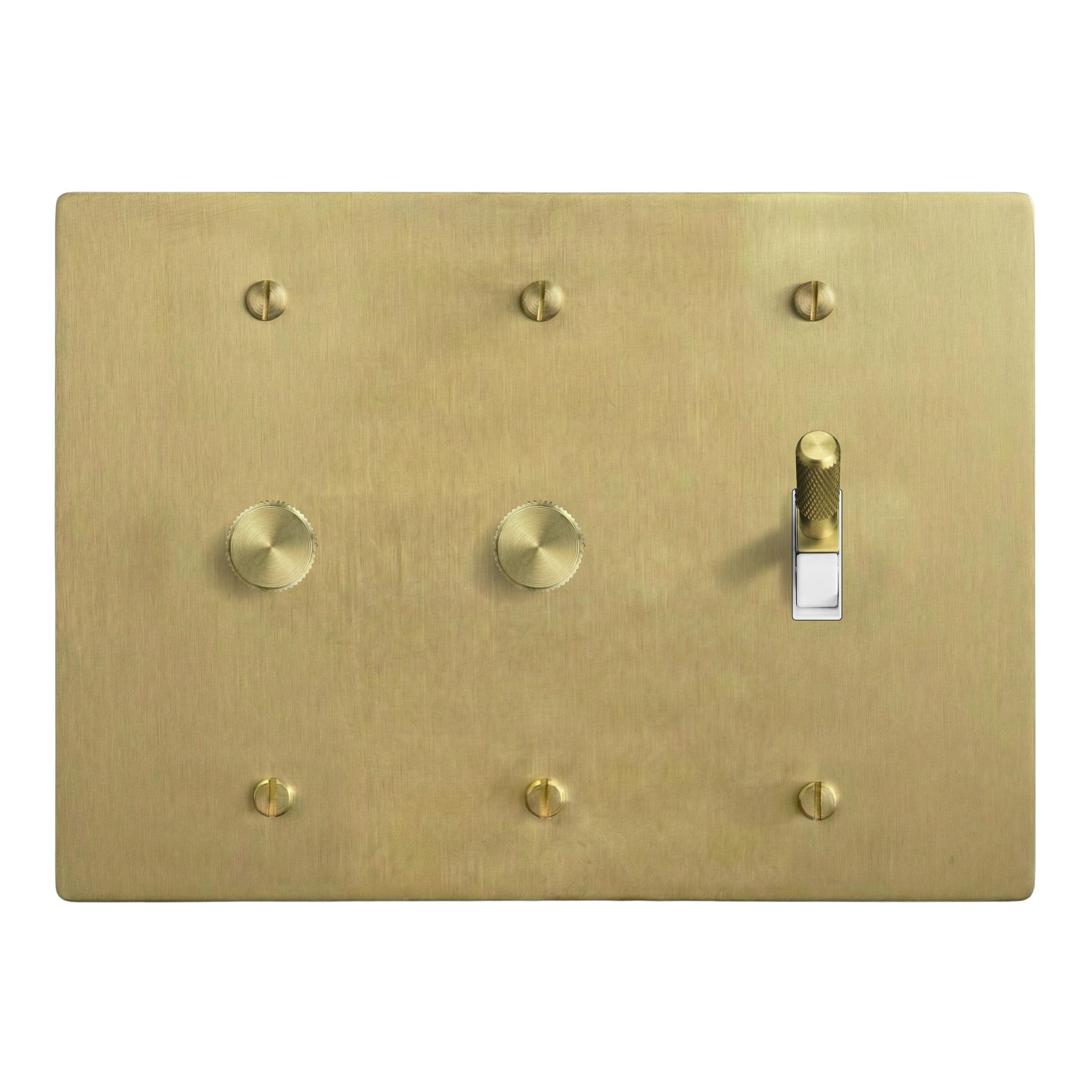 Satin Brass 3-Gang Dimmer, Dimmer & Toggle Switch Plate in White