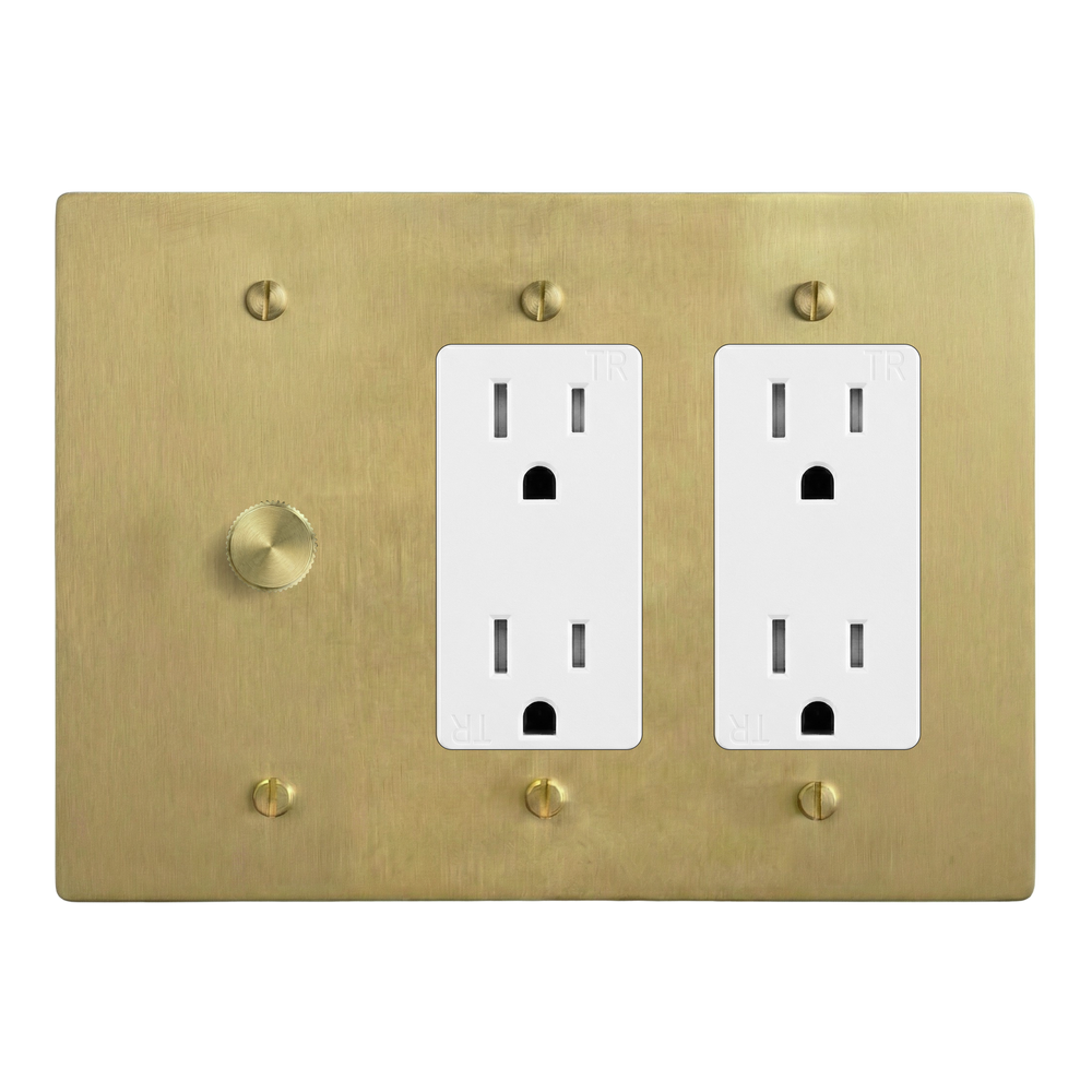 Satin Brass 3-Gang Dimmer, Duplex Outlet & Duplex Outlet Switch Plate in White
