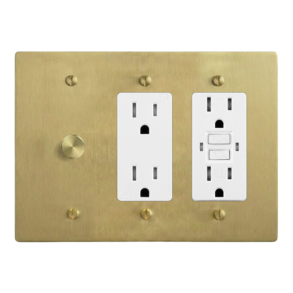 Satin Brass 3-Gang Dimmer, Duplex Outlet & GFCI Outlet Switch Plate in White