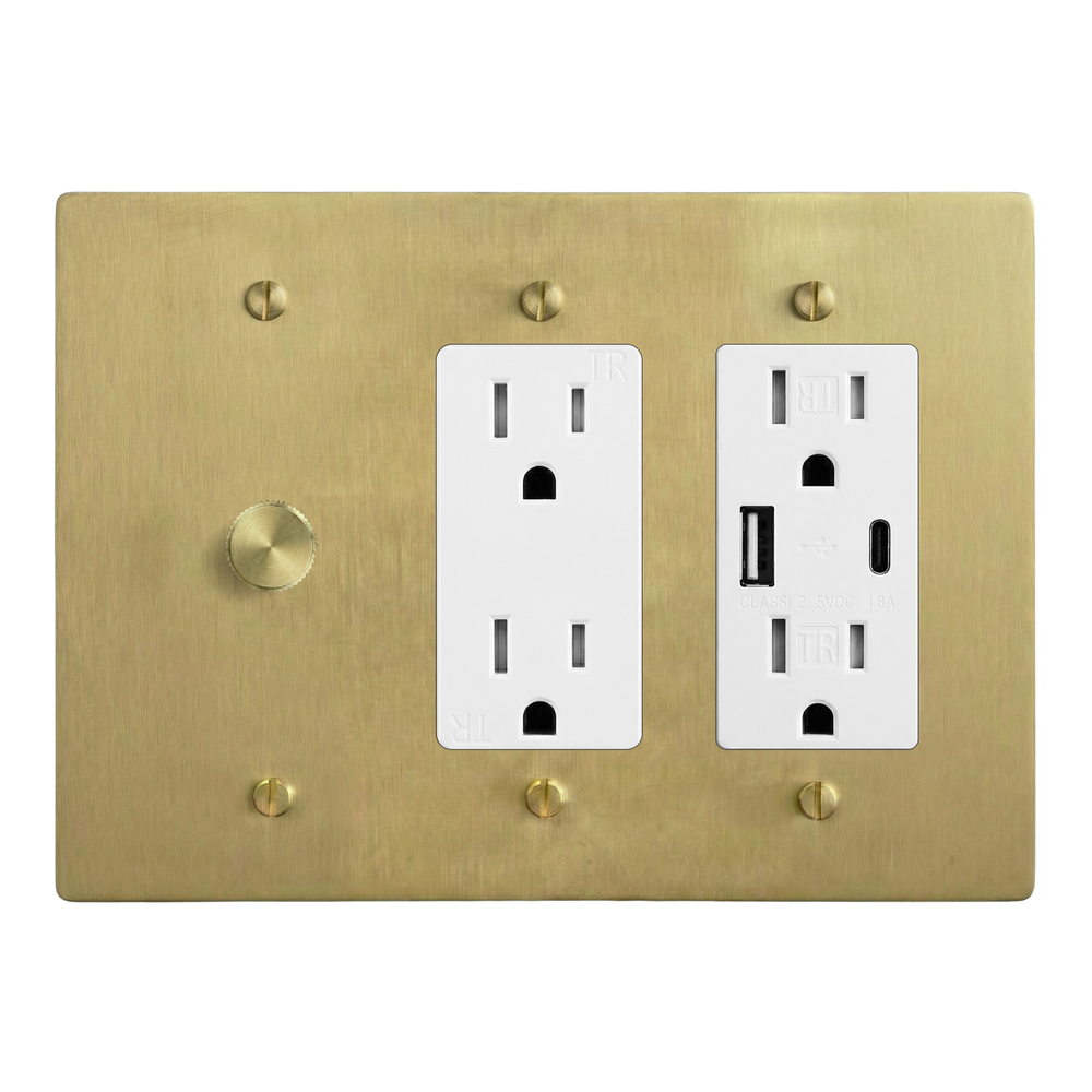 Satin Brass 3-Gang Dimmer, Duplex Outlet & USB Outlet Switch Plate in White