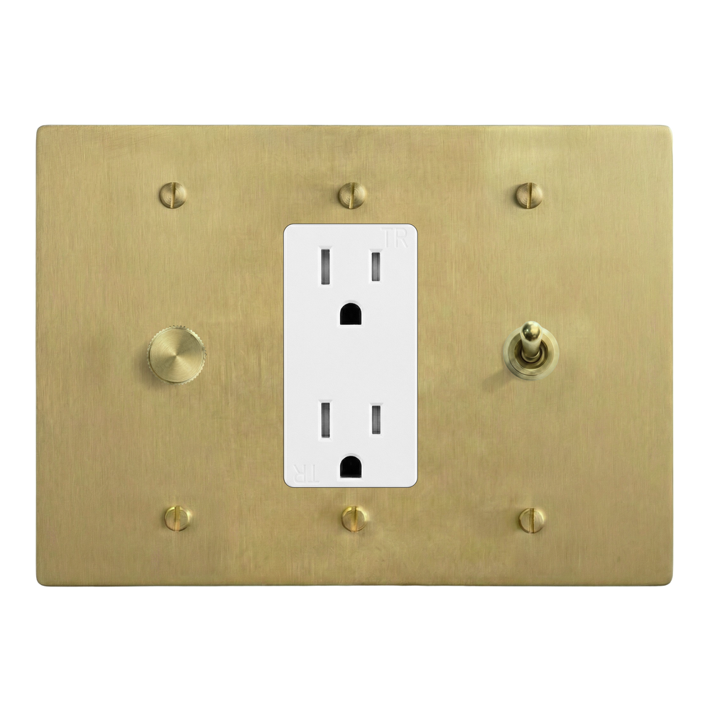 Satin Brass 3-Gang Dimmer, Duplex Outlet & Vintage Toggle Switch Plate in White
