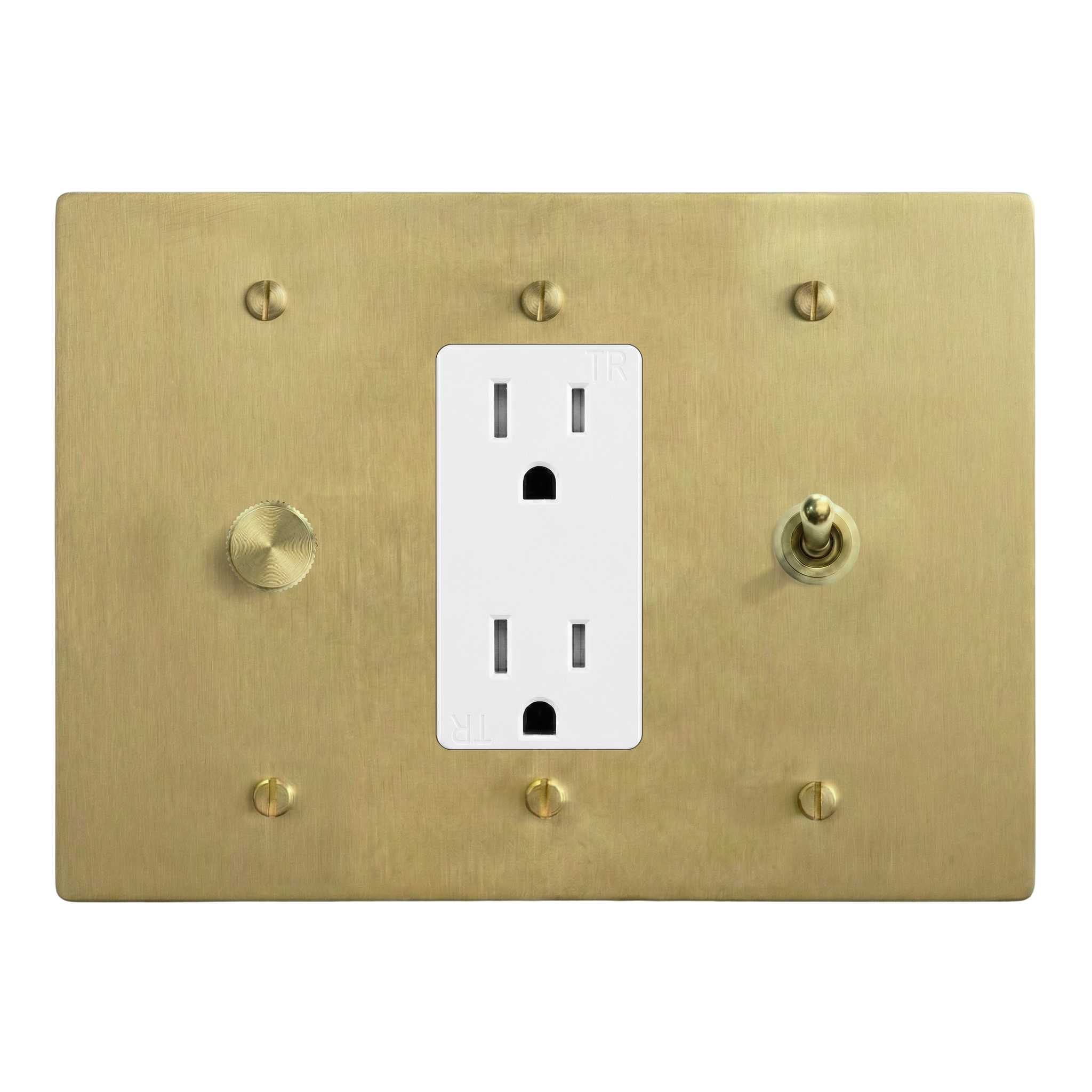 Satin Brass 3-Gang Dimmer, Duplex Outlet & Vintage Toggle Switch Plate in White